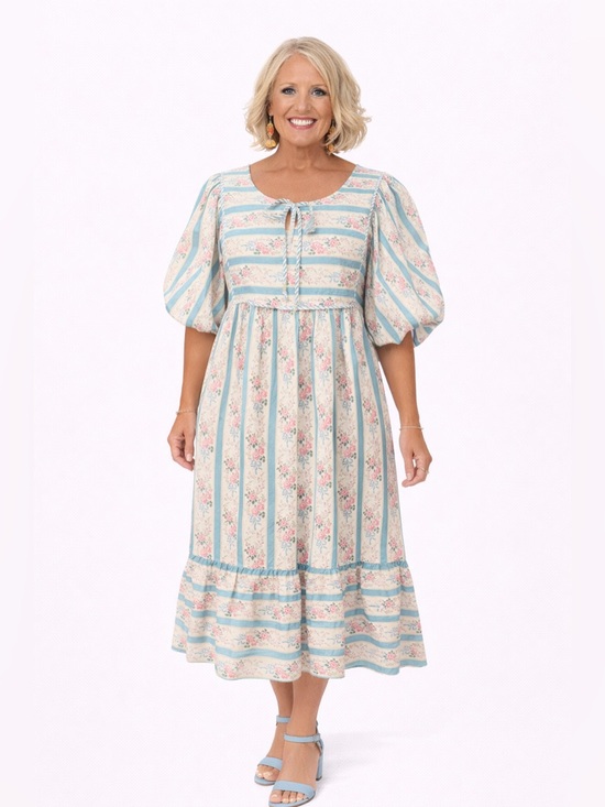 entro Dresses & Skirts - Entro Cottage Core Midi Dress with Light Blue and Pink Floral Stripes Size M NWT